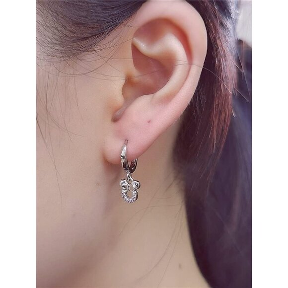 Women Silver Small Mouse Dangle Hoop Earrings Sterling Cubic Zirconia Charm - Picture 3 of 5